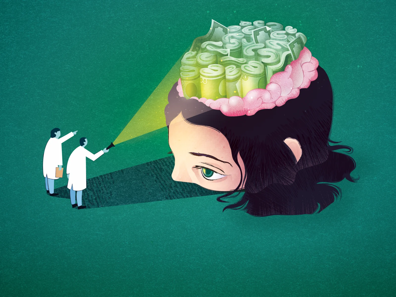 Illustration av två läkare lyser in i en kvinnas hjärna och ser pengar, en potientell adhd-utredning. En illustration till filters utredning av Psykiatrispecialisterna.