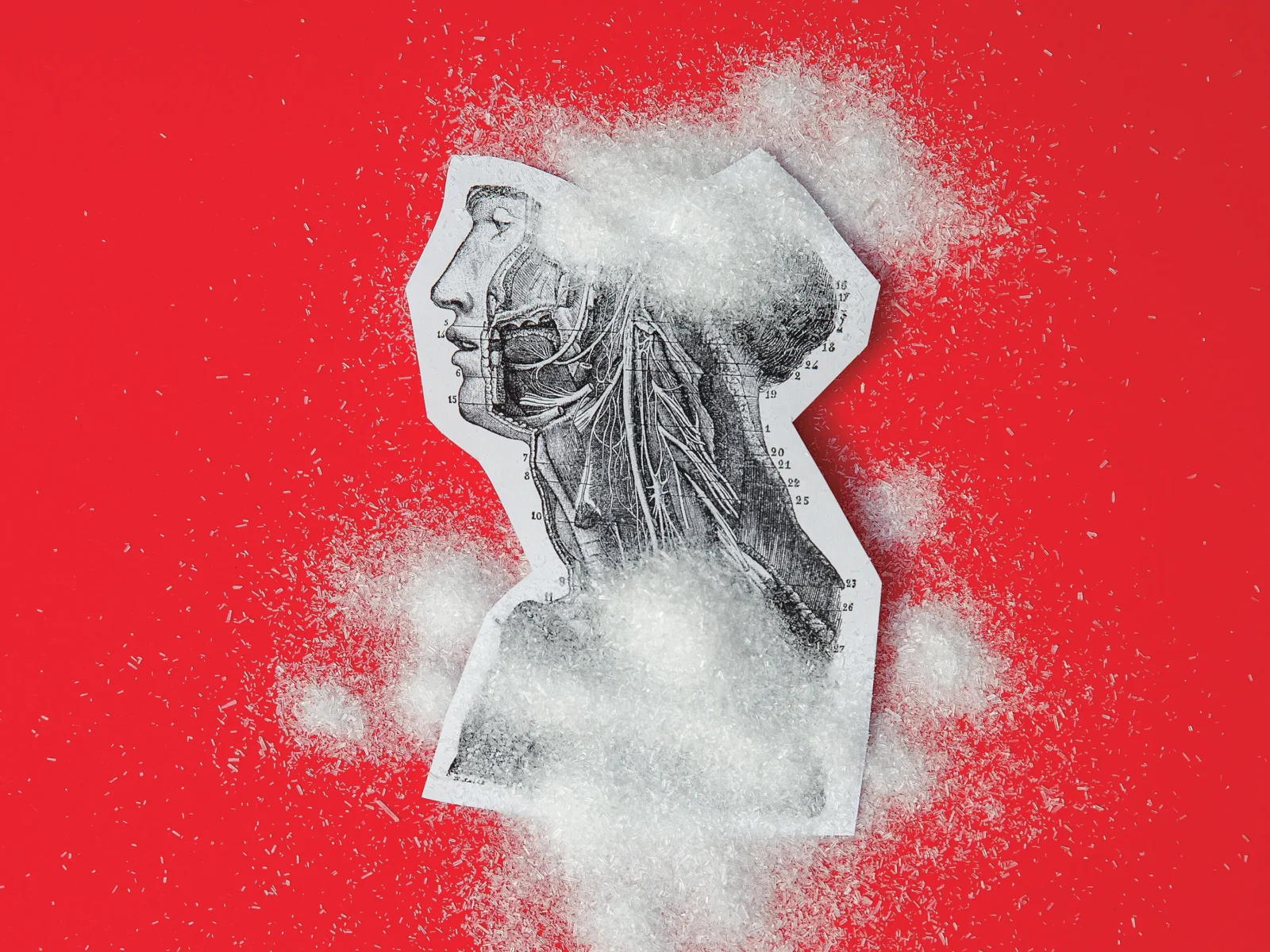 Foto av en urklippt illustration av mänsklig överkroppsanatomi, MSG är strösslat över. Röd bakgrund.