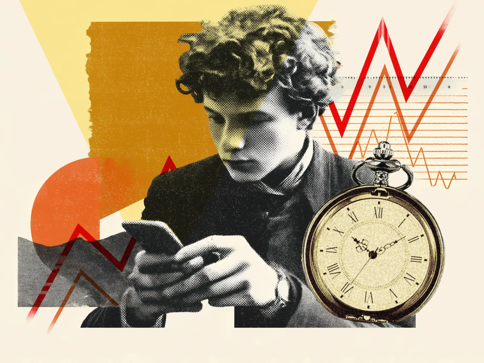 Ett illustrativt collage där en kille tittar ner i sin mobil, statistik staplar i bakgrunden och en klocka i förgrunden.