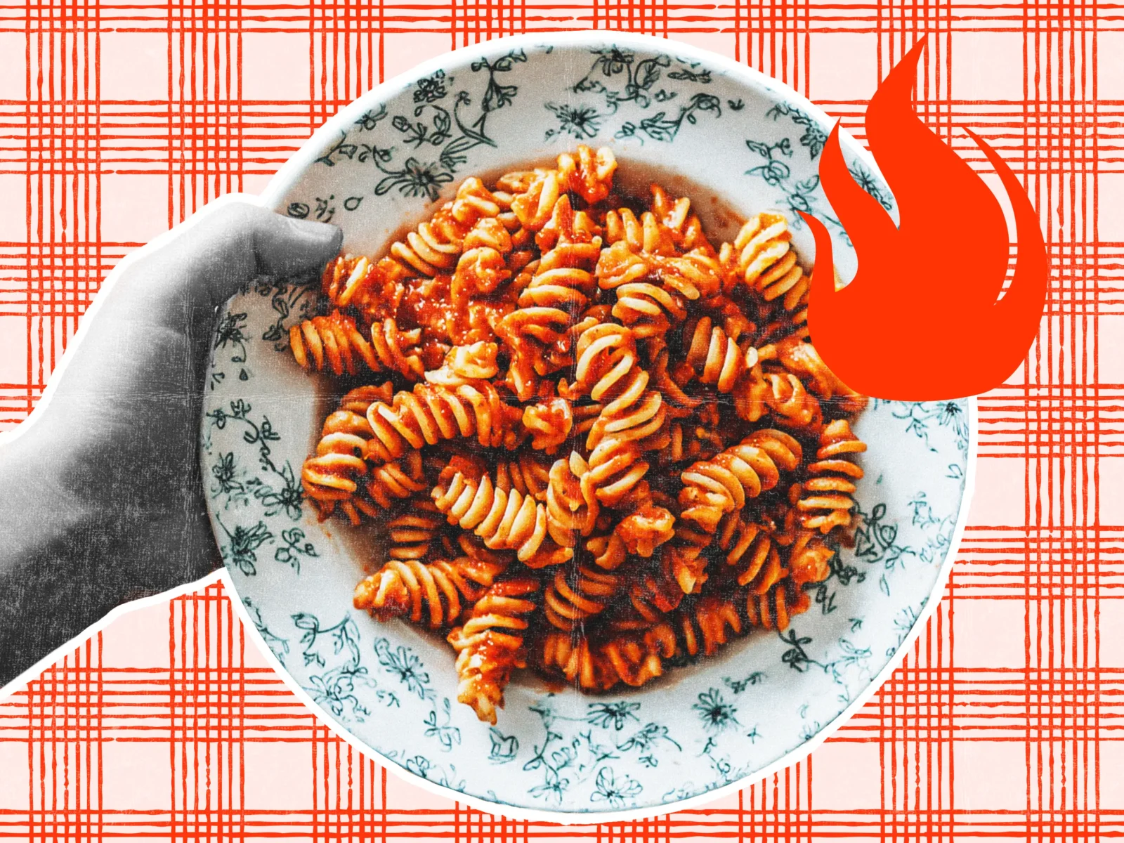 En hand sträcker fram en tallrik med pasta, en illustrerad eld syns uppepå bilden.