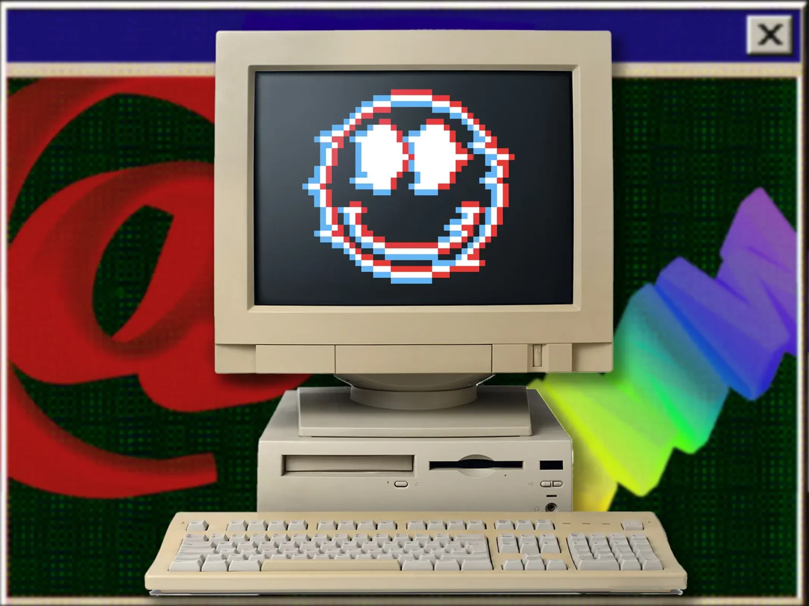 Bildcollage med en dator från 90-talet med en stor smiley på skärmen. I bakgrunden syns en internetfönster av äldre modell.