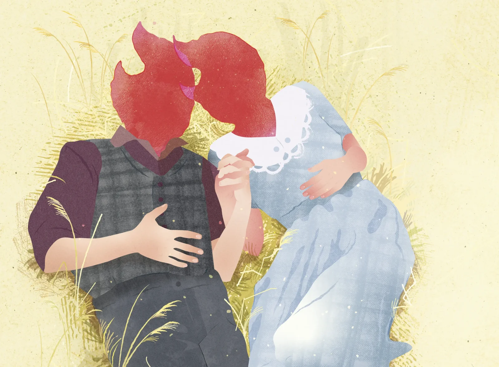 Illustration av ett par förr i tiden som ligger i gräset och håller hand. De har Tinderloggor istället för ansikten som möts.