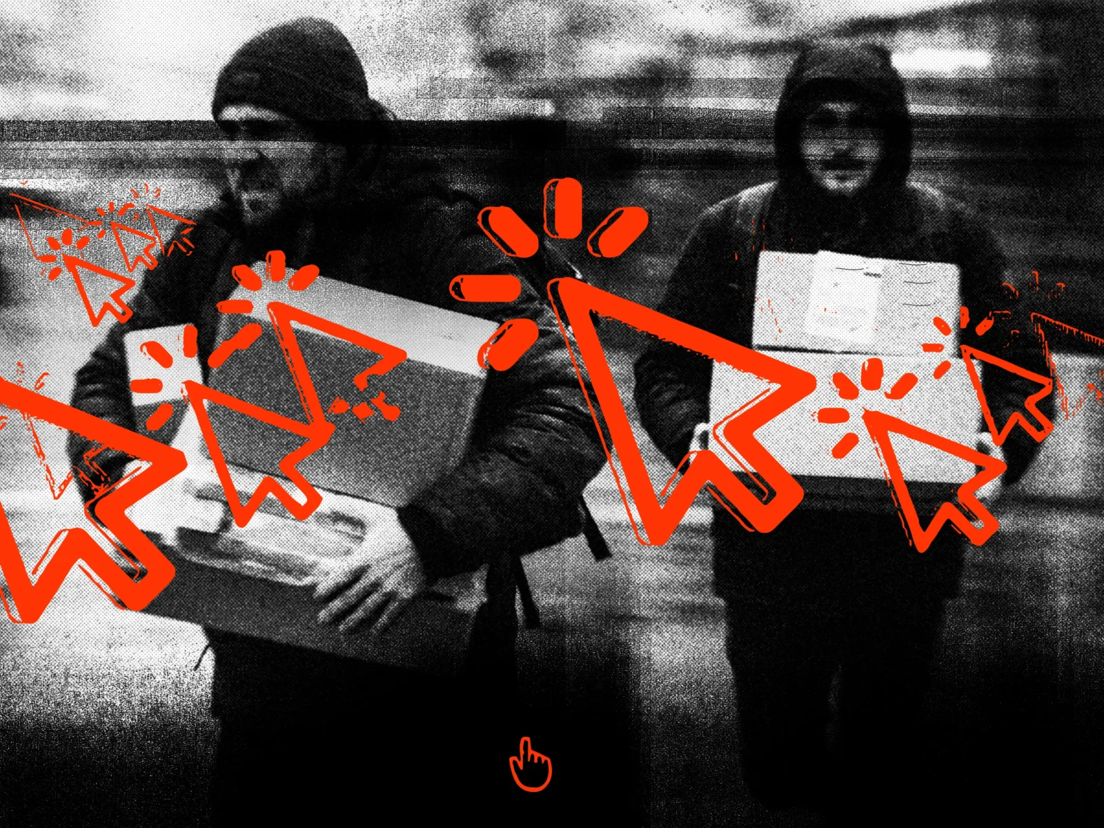 Bud med kartonger och röda beställningspilar ovanpå.