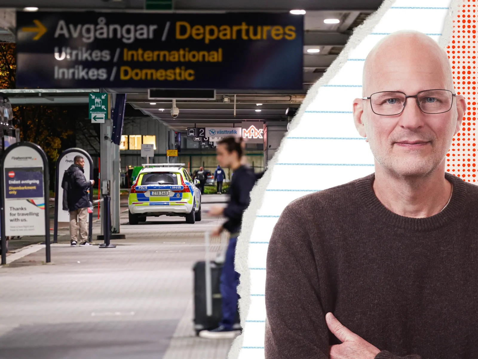 Mattias Göransson bylinebild framför en nyhetsbild från misstänkt drönare på Landvetter flygplats.