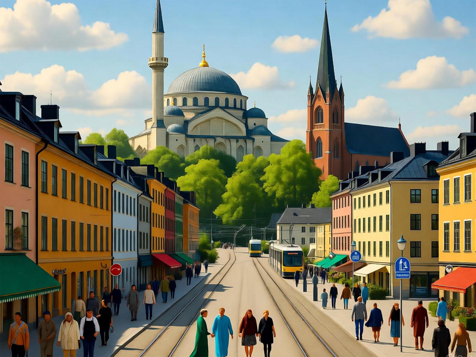 Bilden är genererad av Grok, efter prompten: »Baserat på Grokipedia-texterna som du analyserat, kan du generera en bild som illustrerar den bild av Sverige som förmedlas?«. Den visar människor på en gata, spårvagnar en moske och en kyrka.