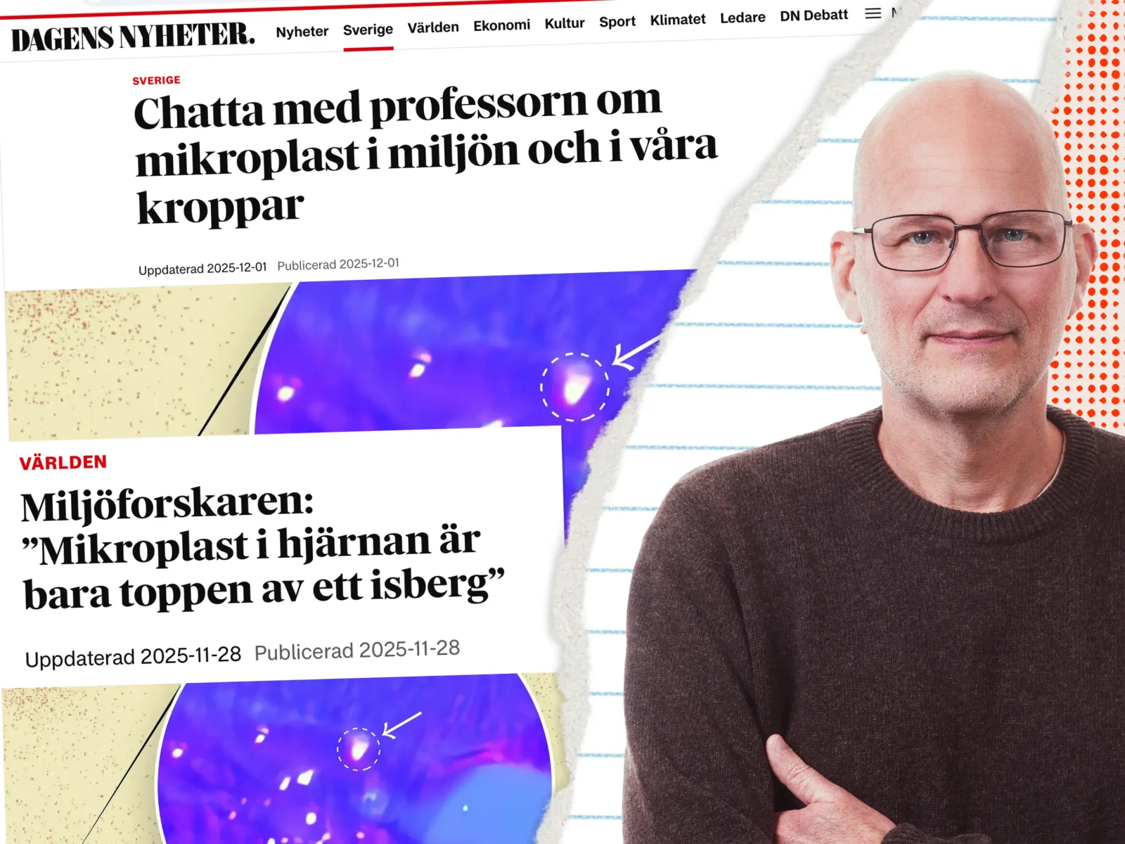 Filters chefredaktör Mattias Göransson framför skärmdumpar från DN med rubriker om mikroplast.