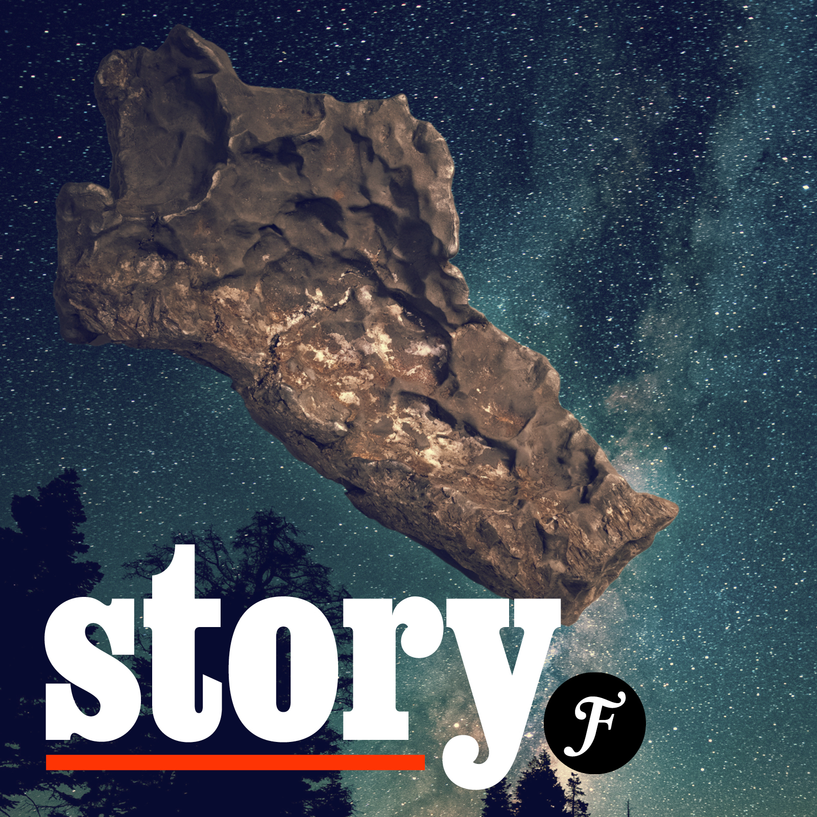 Vinjettbild för Story. I bakgrunden en fotoillustration av meteoriten som flyger över en natthimmel.