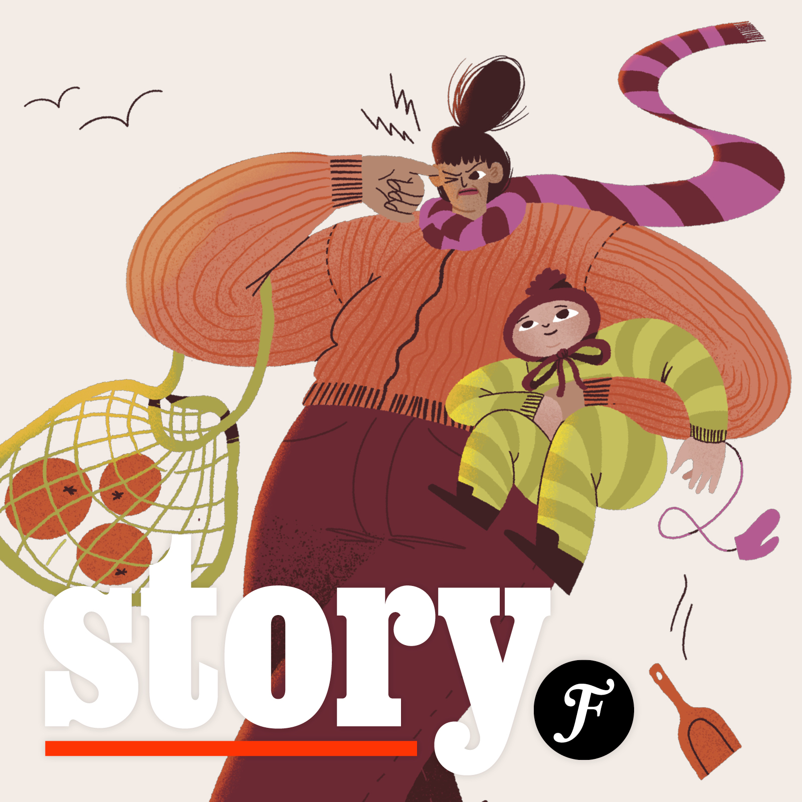 Vinjettbild för Story. I bakgrunden en illustration av en kvinna som bär ett barn och en matkasse och som kliar sig i örat.